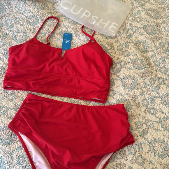 Red Scoop Neck V-Wire Midkini Top & High-Waisted Bottoms Set CUPSHE NIB Size XL - Picture 5 of 5